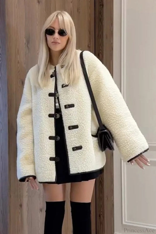 solid color Sherpa Horn Button Minimalist Coat Beige / S