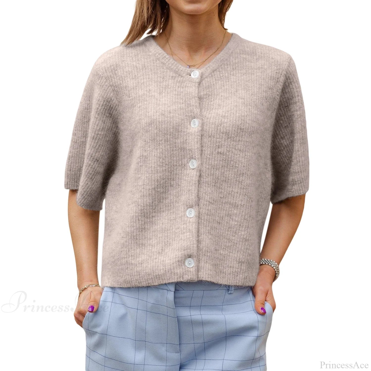 Solid Color Short Sleeve Button Cardigan light brown / S