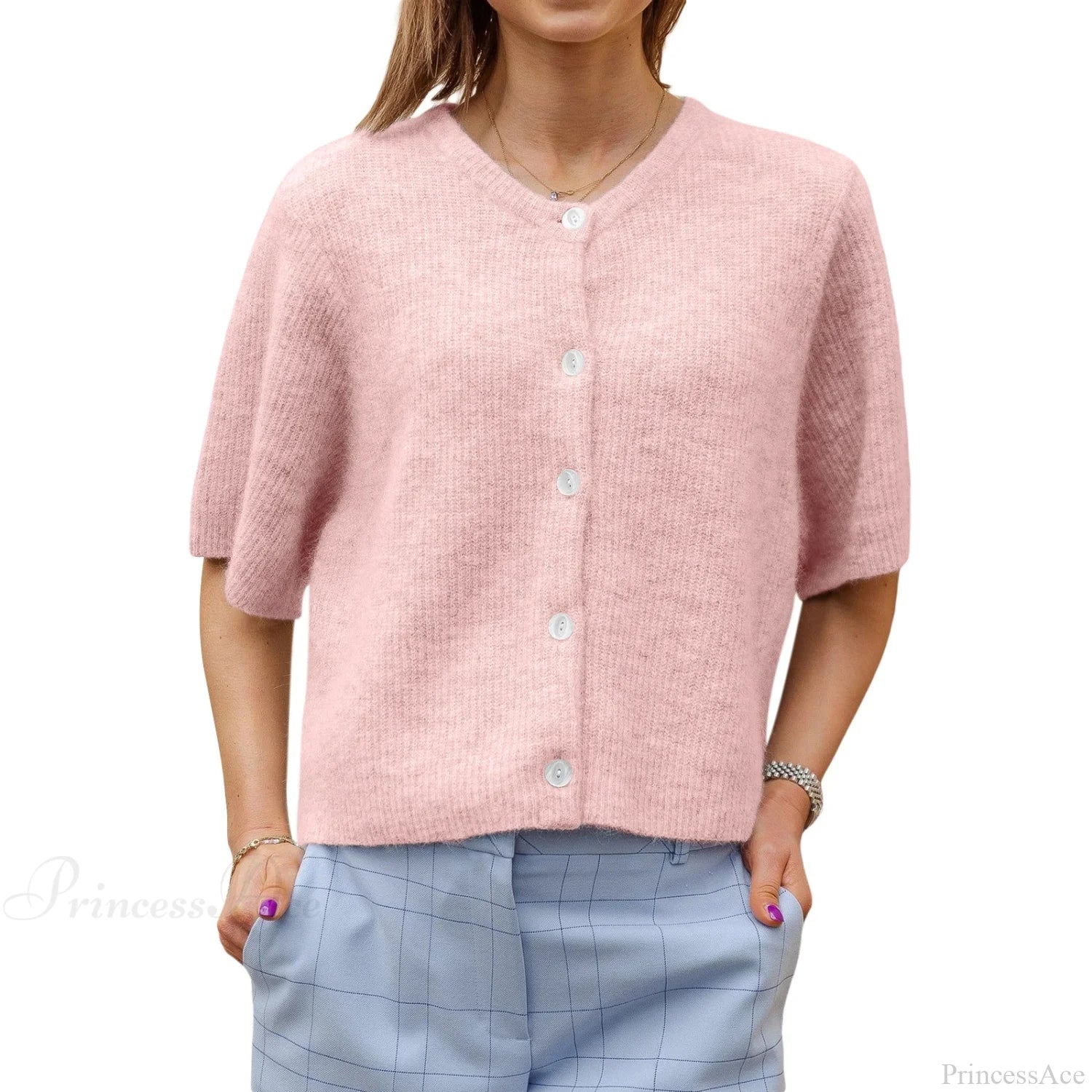 Solid Color Short Sleeve Button Cardigan Pink / S
