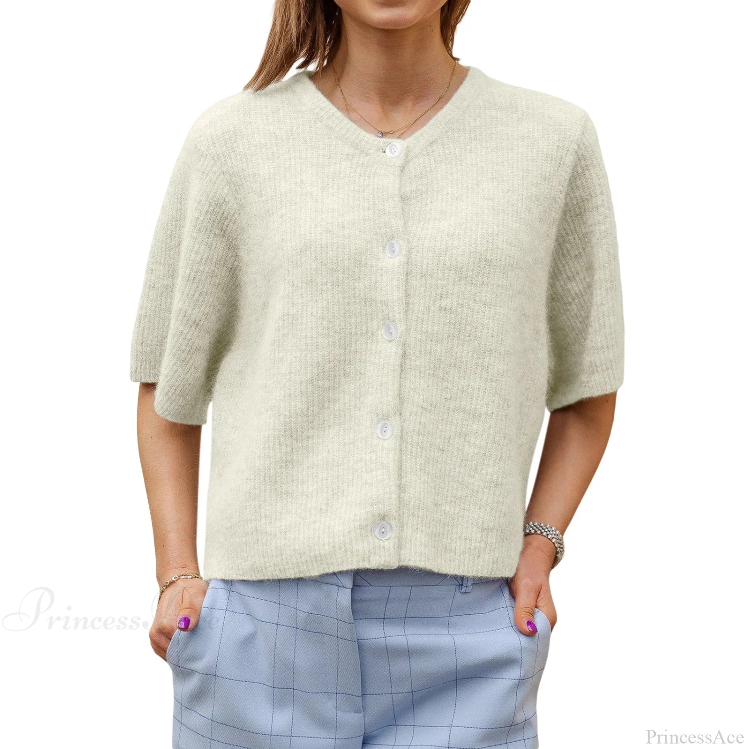 Solid Color Short Sleeve Button Cardigan WHITE / S