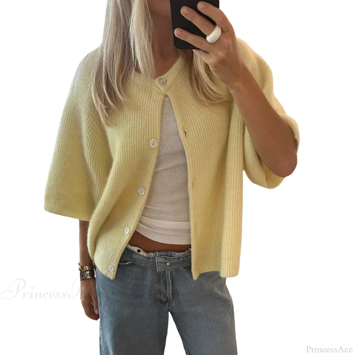 Solid Color Short Sleeve Button Cardigan Yellow / S