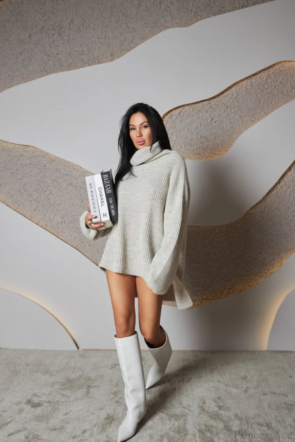 Solid Color Simple Turtleneck Pullover Mid length Knit Sweater