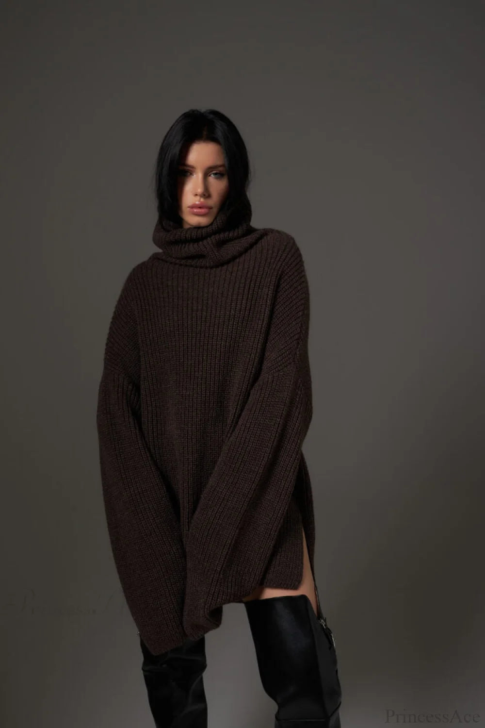 Solid Color Simple Turtleneck Pullover Mid length Knit Sweater Brown / S