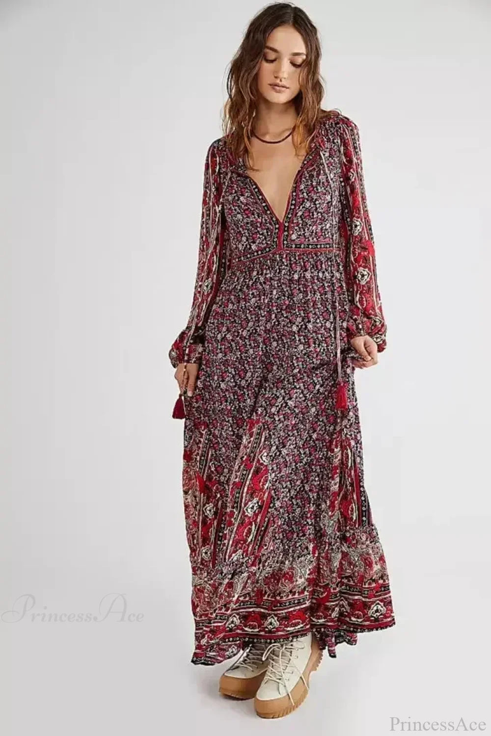 Solid Color V-neck Flare Sleeve Summer Boho Dress Black / S bohodress-250126