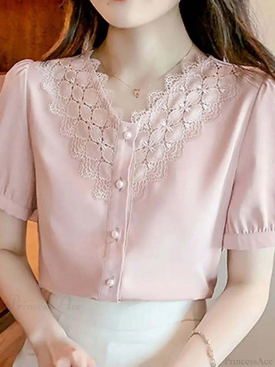 Solid Color V Neck Short Sleeve Office Blouse Pink / S blouse-250126