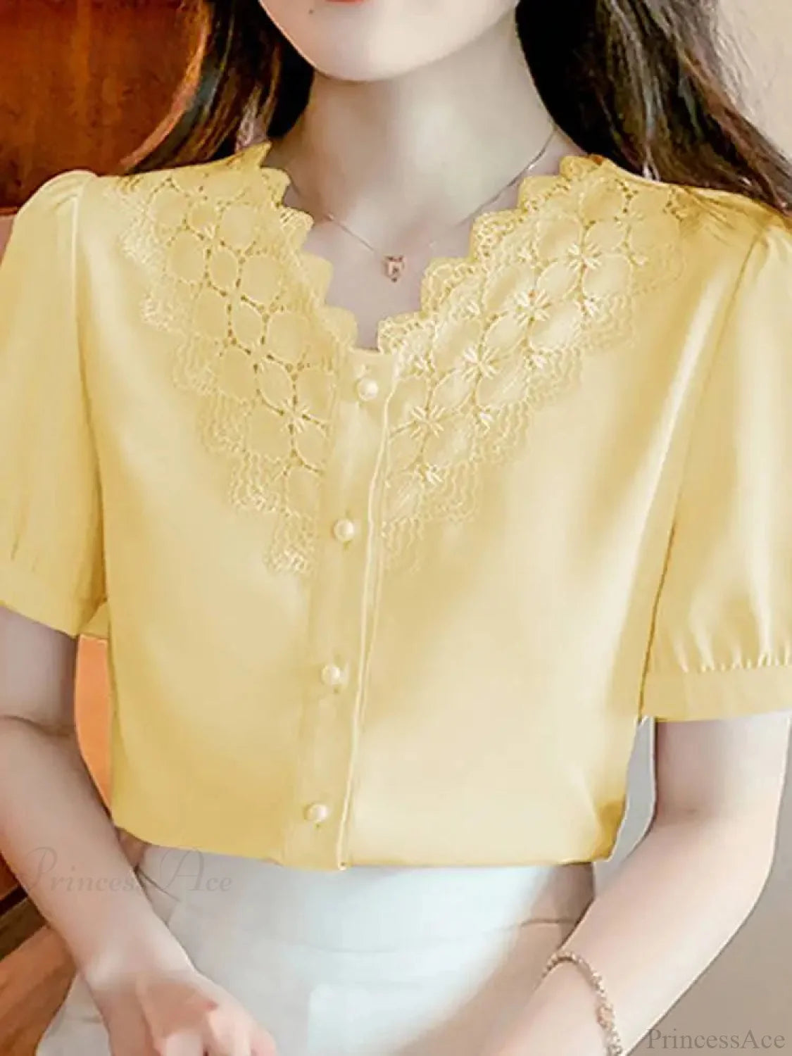 Solid Color V Neck Short Sleeve Office Blouse Yellow / S blouse-250126