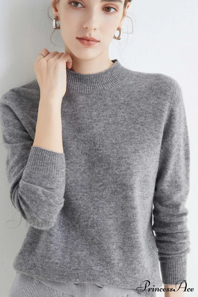 Solid Color Wool Sweater With Mock Neck Grey / S Sweaters-L