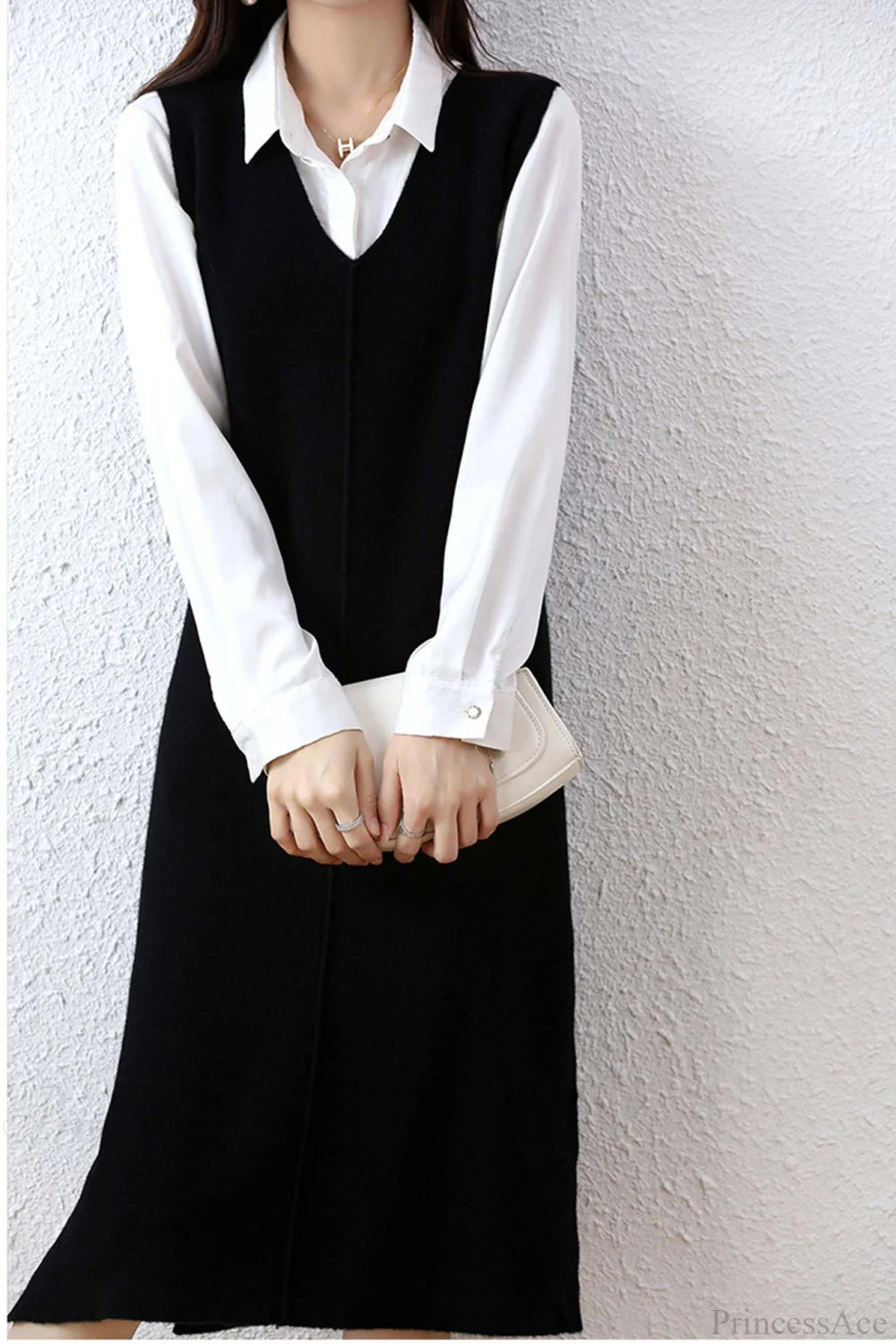 Solid Color Wool Tank Dress With V Neck Black / M Midi Dresses