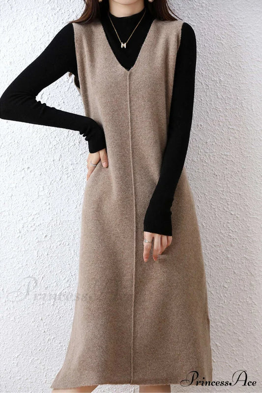 Solid Color Wool Tank Dress With V Neck Dark Camel / M Midi Dresses