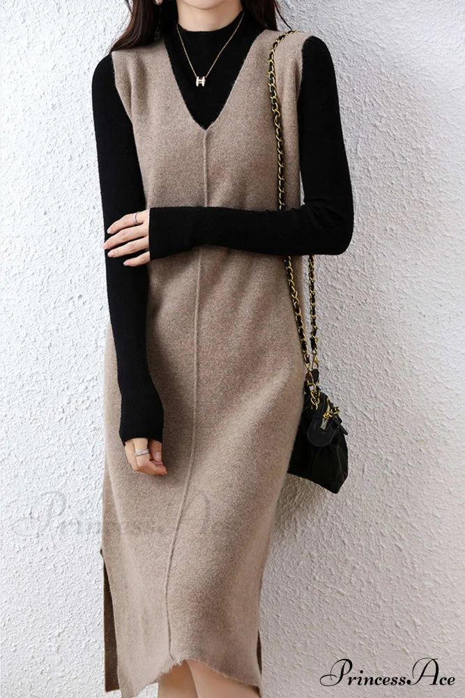 Solid Color Wool Tank Dress With V Neck Dark Camel / Xl Midi Dresses