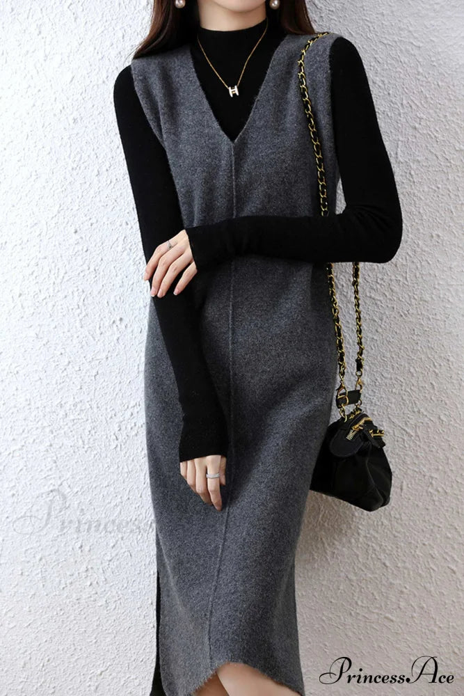 Solid Color Wool Tank Dress With V Neck Grey / M Midi Dresses