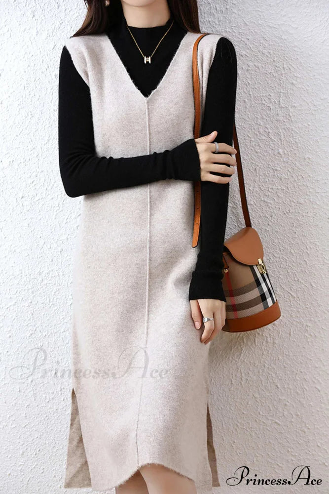 Solid Color Wool Tank Dress With V Neck Light Camel / M Midi Dresses