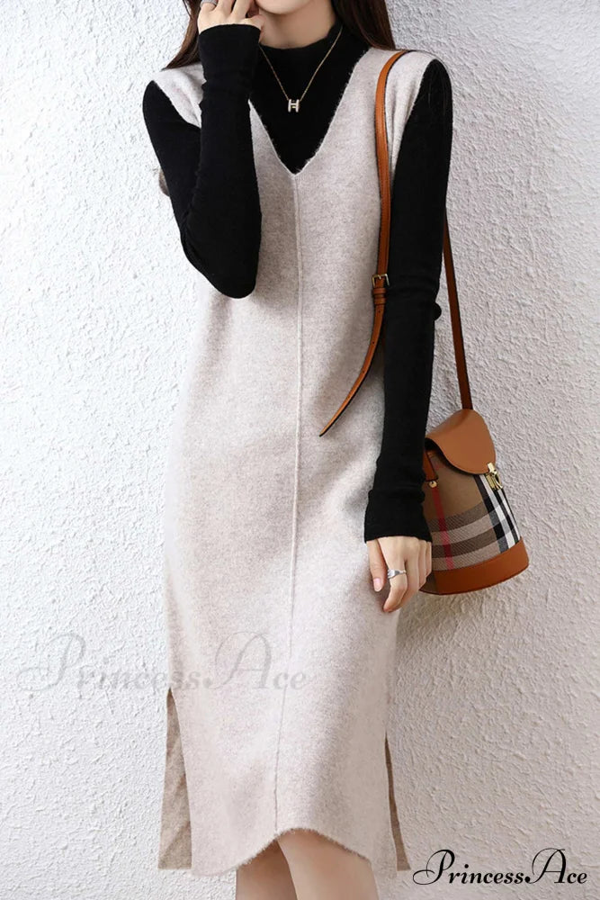 Solid Color Wool Tank Dress With V Neck Light Camel / Xl Midi Dresses