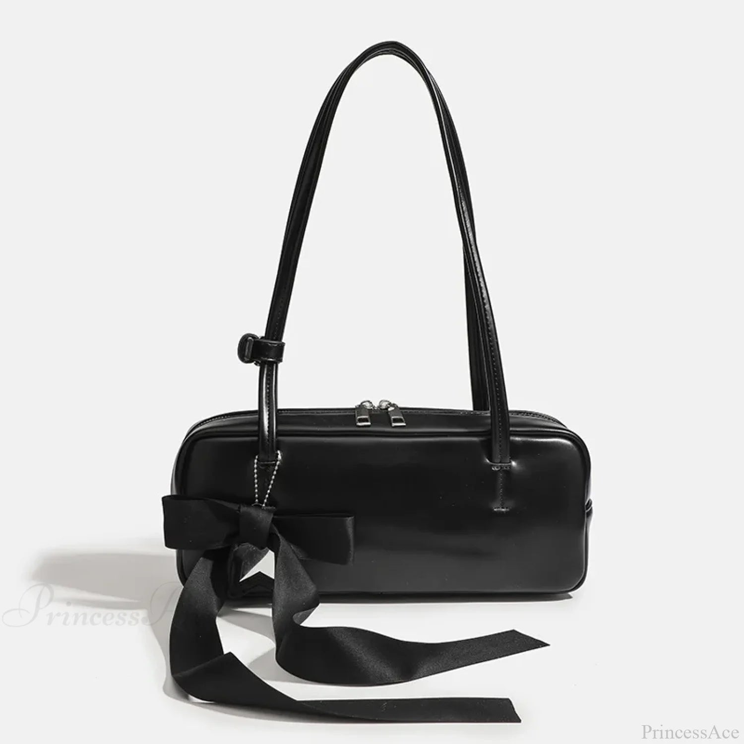 Solid Color Zipper Shoulder Bag for Women Black with bow shoulder-250126