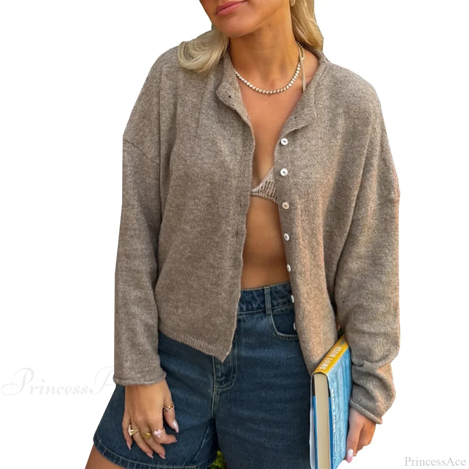 Solid Cozy Button-front Knit Cardigan light brown / S