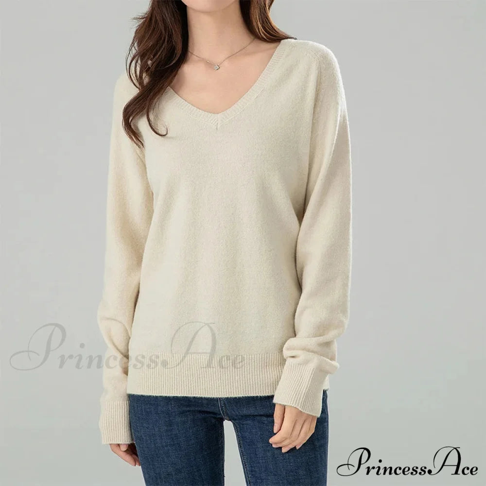 Solid Cozy V-Neck Black Casual Long Sleeve Stylish Knitted Autumn Sweater Beige / S Sweaters-L