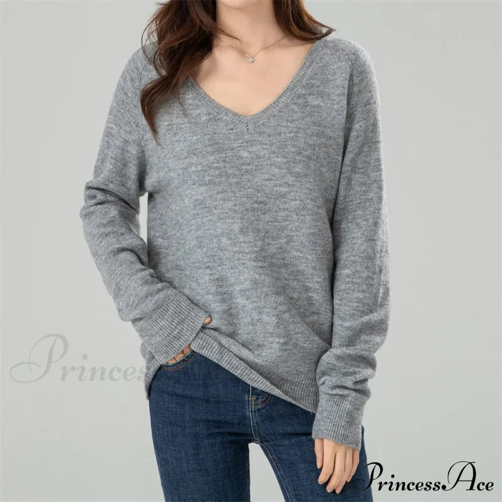 Solid Cozy V-Neck Black Casual Long Sleeve Stylish Knitted Autumn Sweater Gray / S Sweaters-L