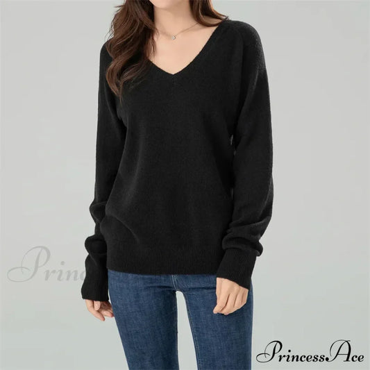 Solid Cozy V-Neck Black Casual Long Sleeve Stylish Knitted Autumn Sweater / S Sweaters-L