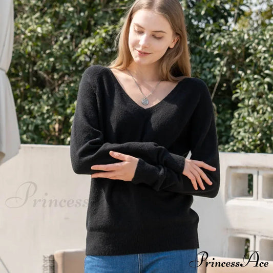 Solid Cozy V-Neck Black Casual Long Sleeve Stylish Knitted Autumn Sweater Sweaters-L