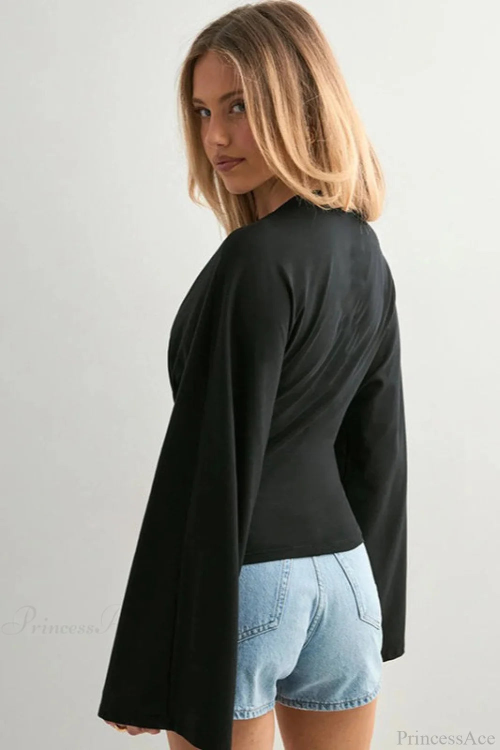 Solid Crew Neck Wide Sleeve Waist Cinched Long Sleeve Tee