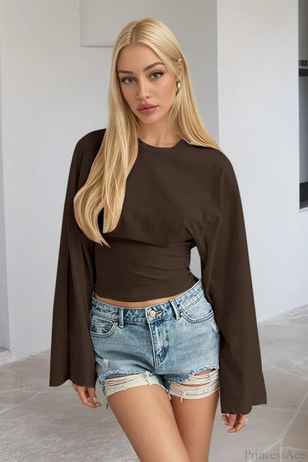 Solid Crew Neck Wide Sleeve Waist Cinched Long Sleeve Tee