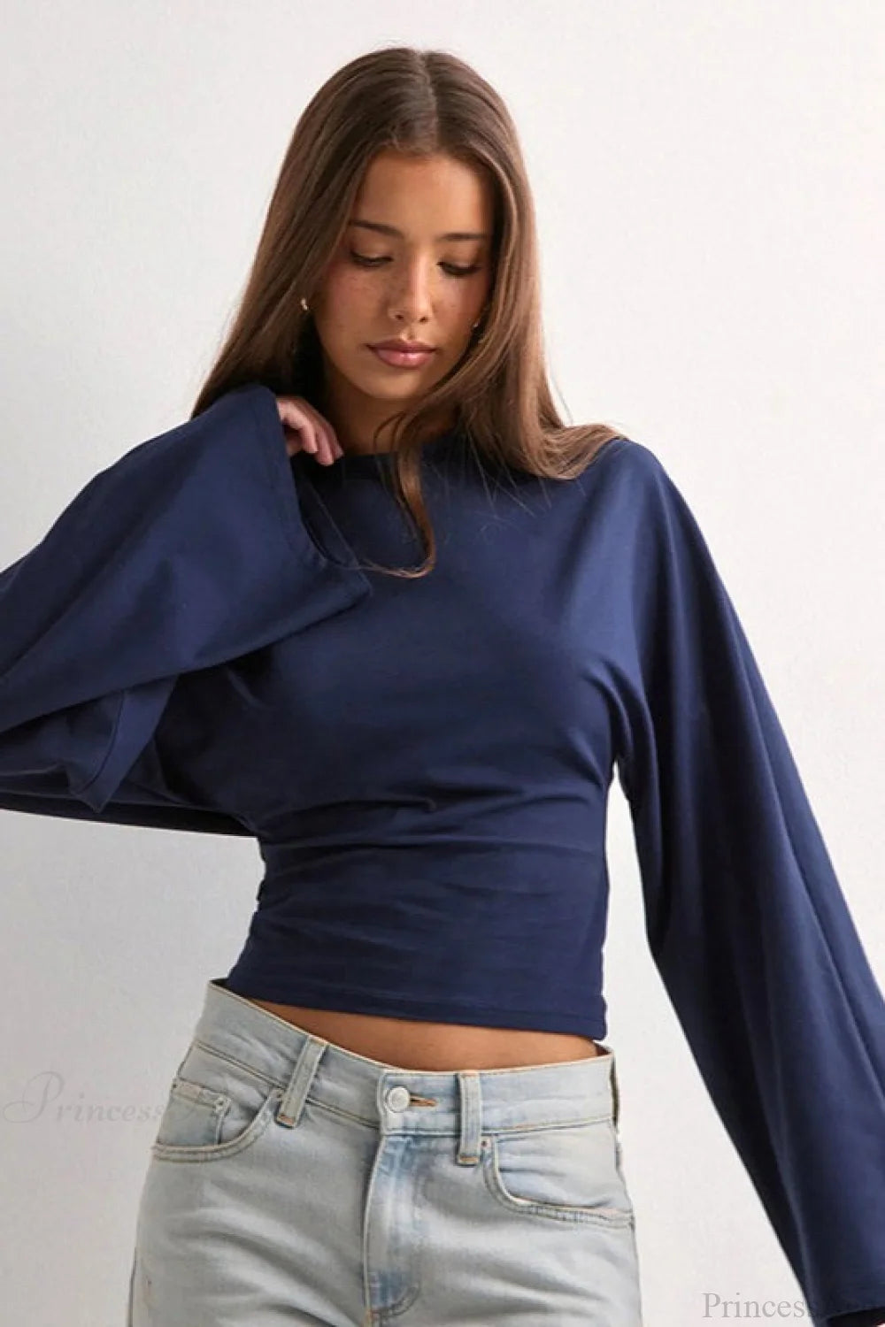 Solid Crew Neck Wide Sleeve Waist Cinched Long Sleeve Tee