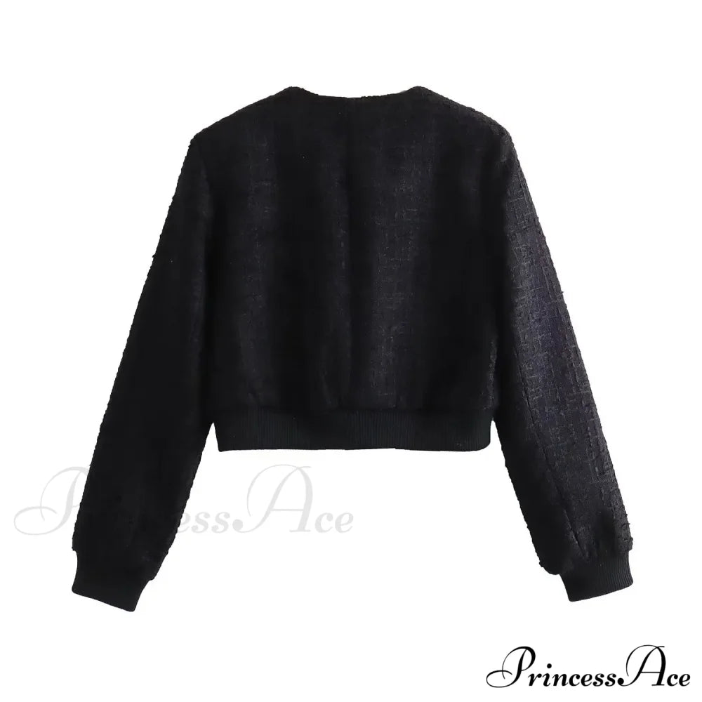 Solid Cropped Tweed Buttoned Round Neck Long Sleeve Short Autumn Stylish Chic Coat Black / Xs