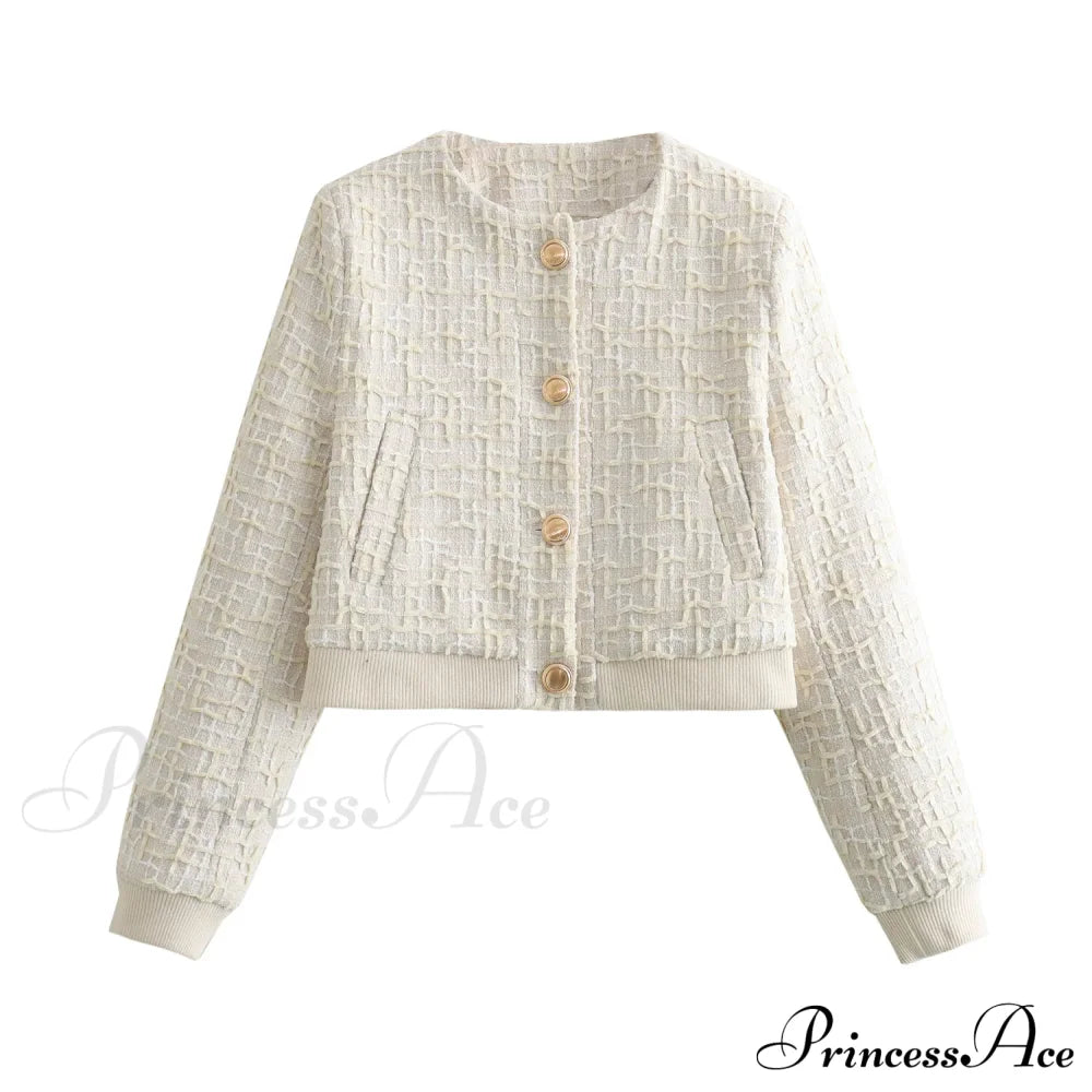 Solid Cropped Tweed Buttoned Round Neck Long Sleeve Short Autumn Stylish Chic Coat White / Xs