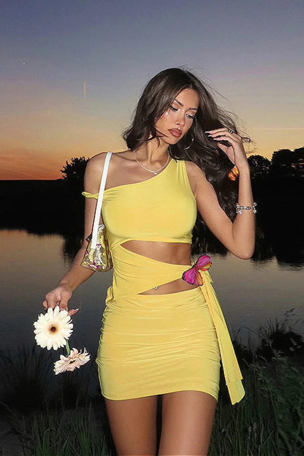 Solid Cutout Bow Tie One Shoulder Mini Dress