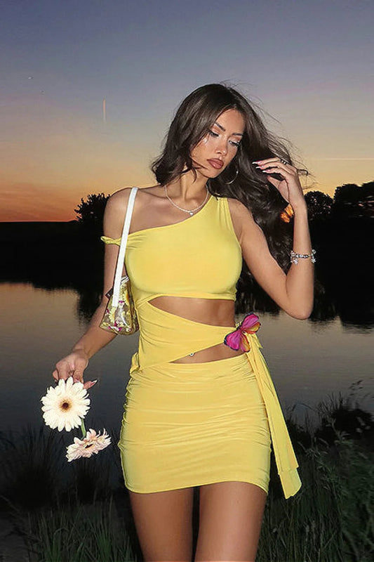 Solid Cutout Bow Tie One Shoulder Mini Dress