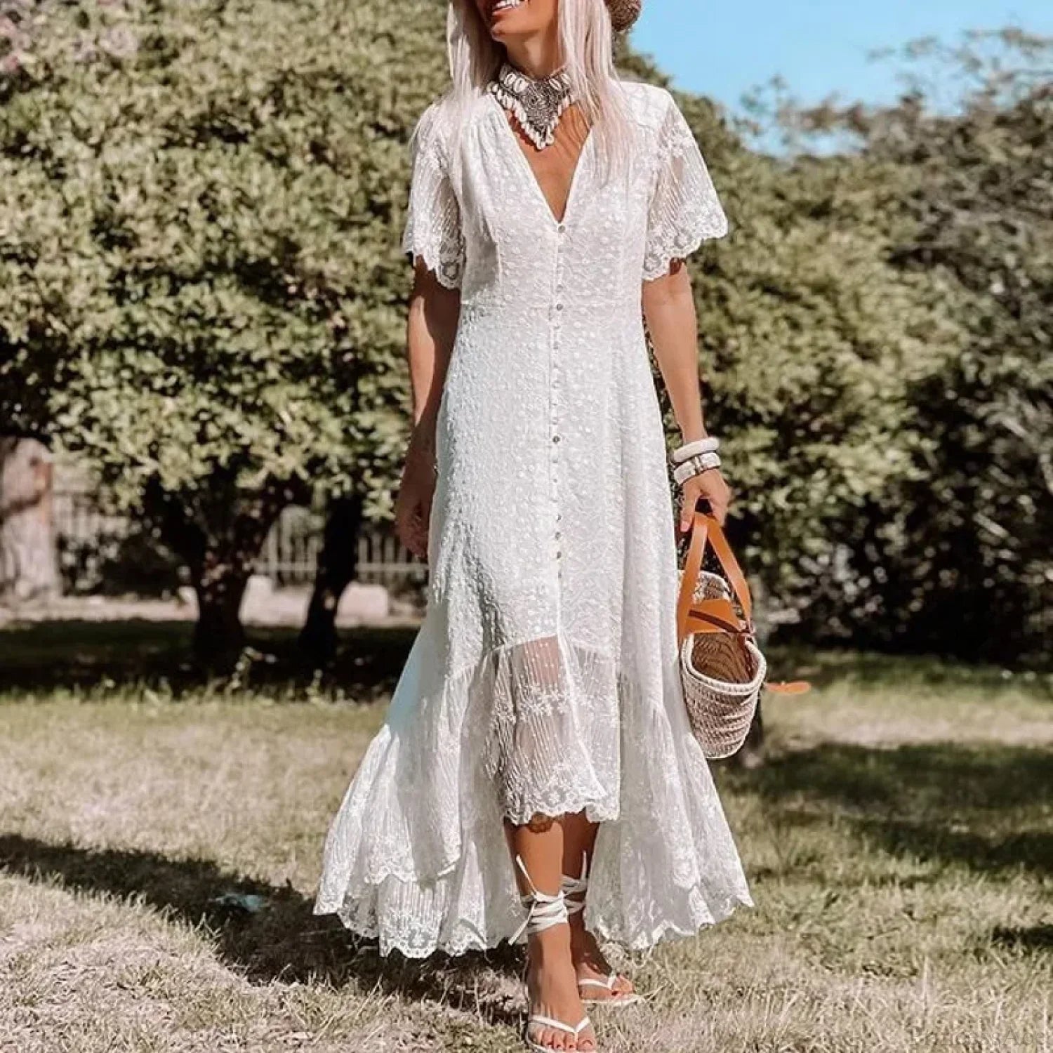 Solid Floral Short Sleeve Boho Dress White / S bohodress-250126