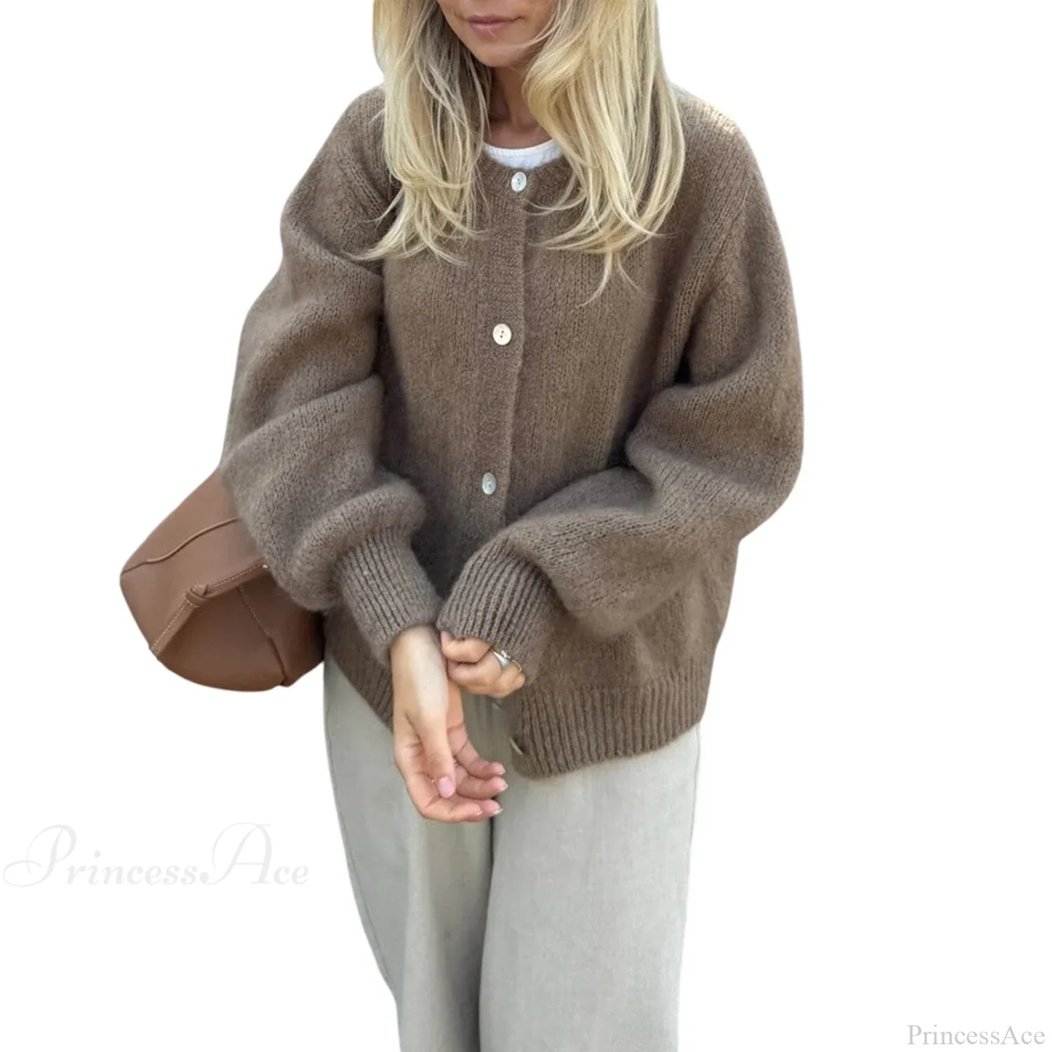 Solid Fuzzy Button Down Knit Cardigan Khaki / S