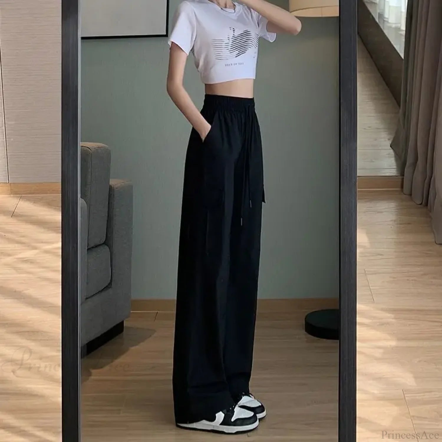 Solid High Waist Fashion Cargo Pants Black / S