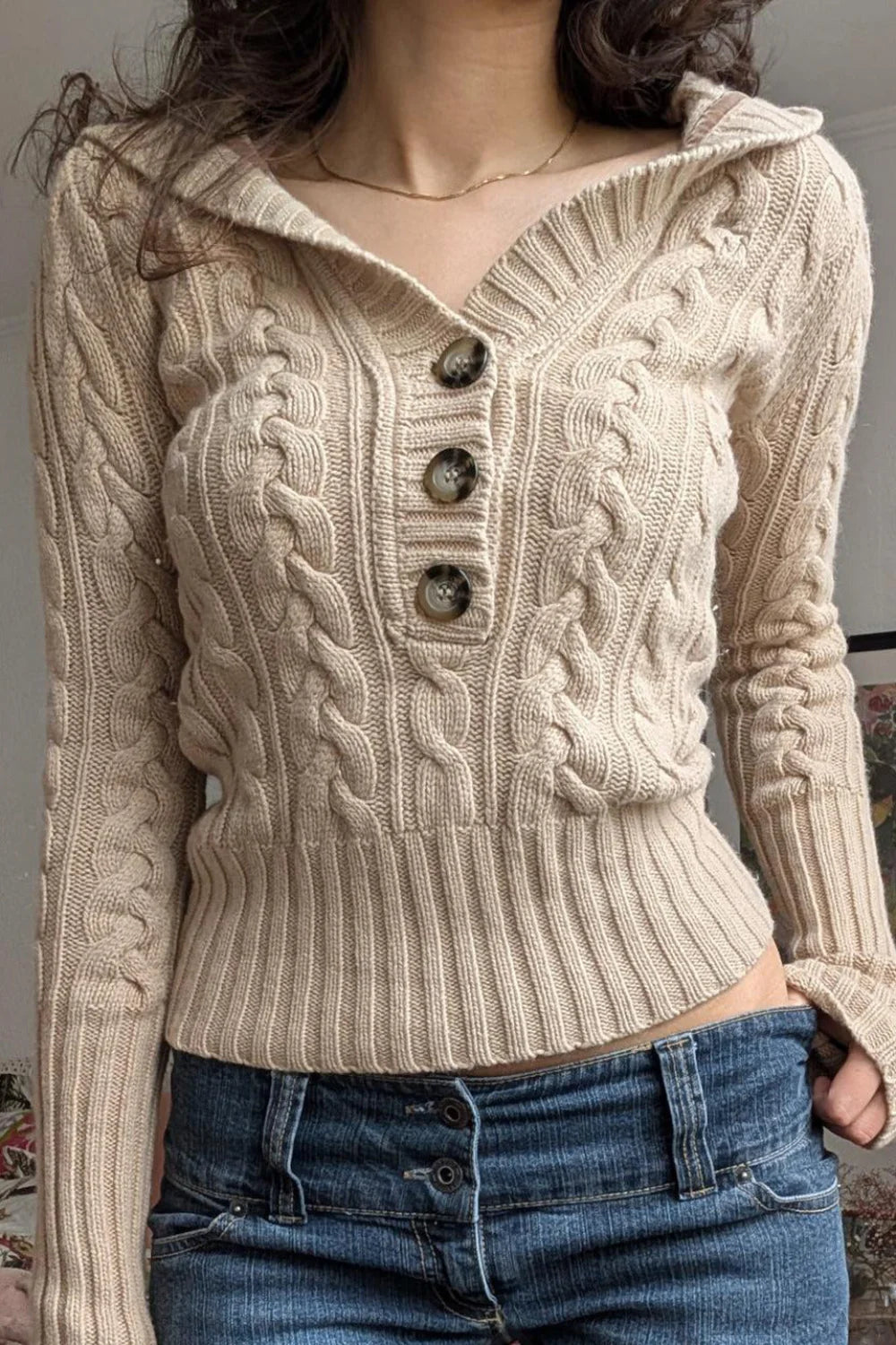 Solid Hooded Button Cropped Slim Sweater