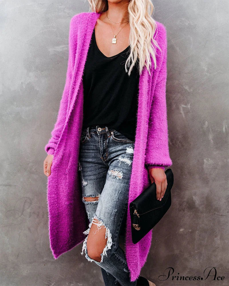 Solid In Long Cardigan Color Sweaters-L