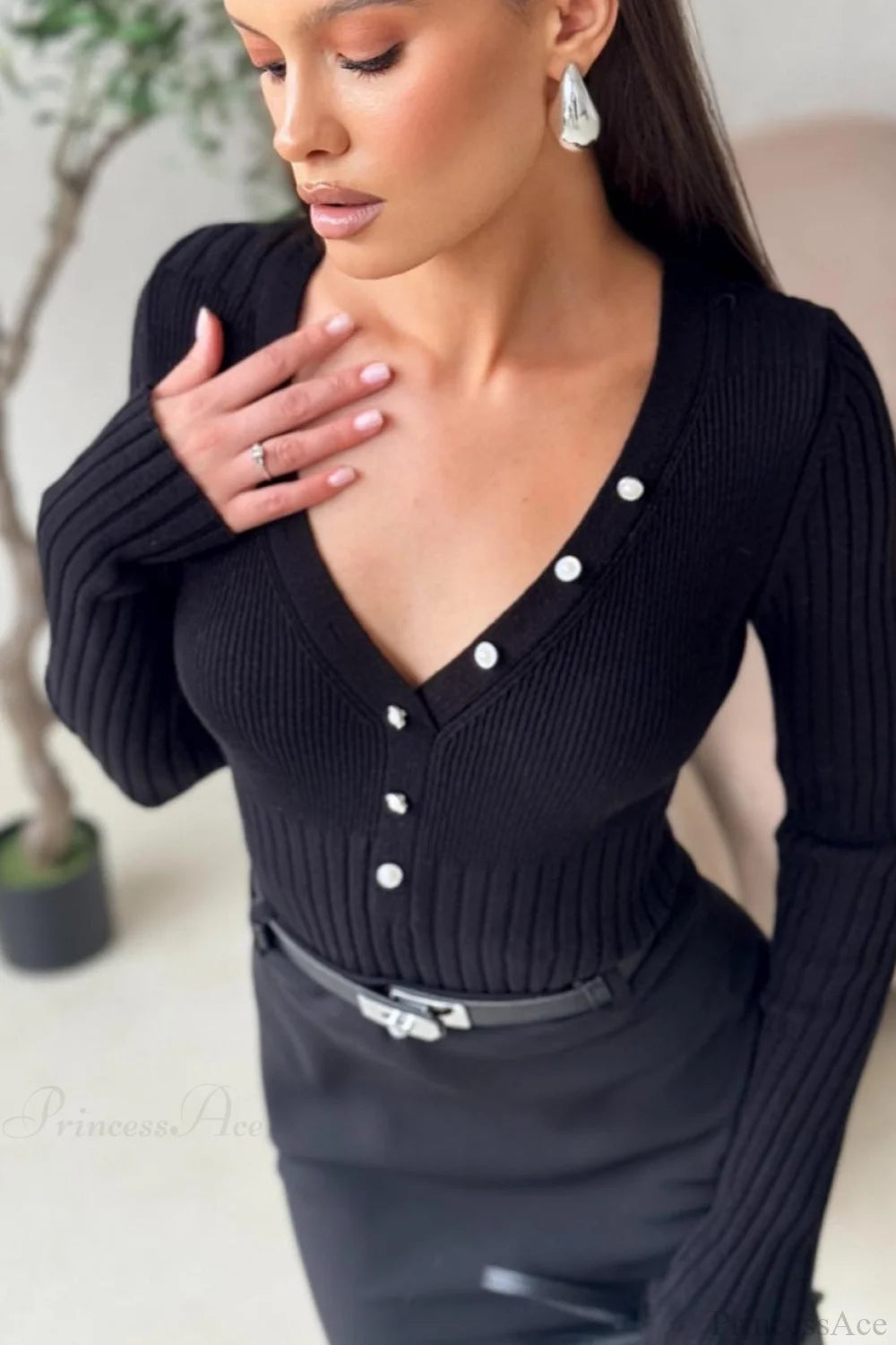 solid Knit Half Placket Slim Long Sleeve Tee