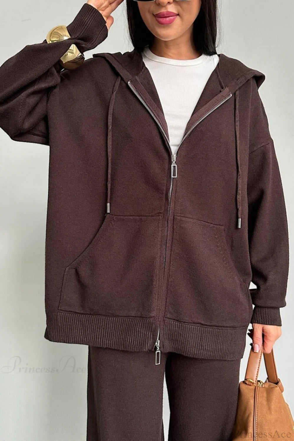 Solid Knit hooded Straight-Leg Two Piece Set