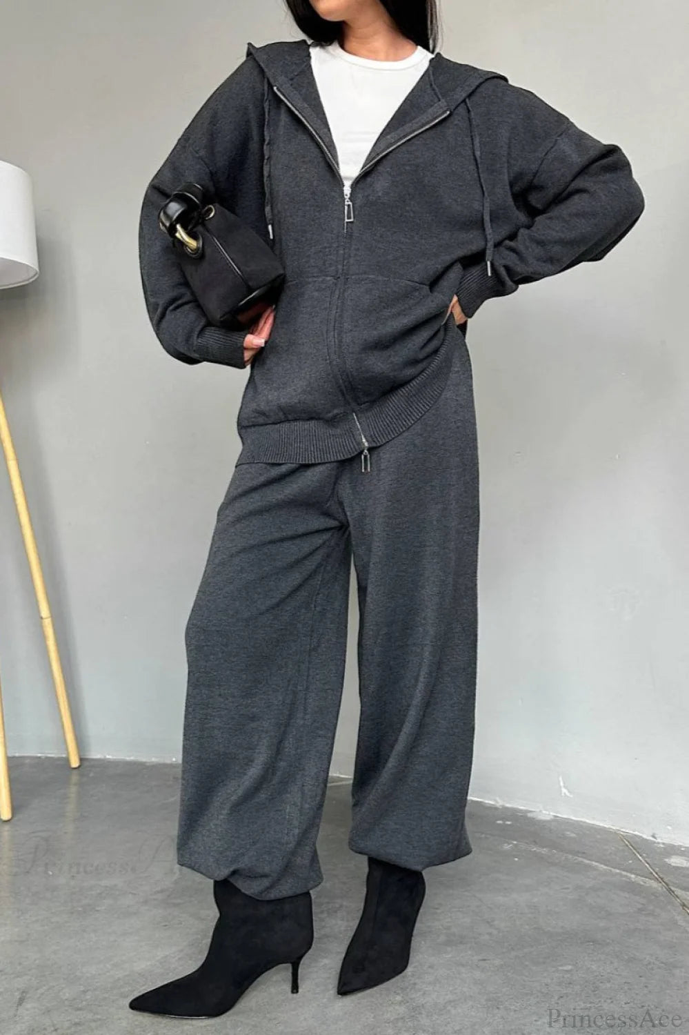 Solid Knit hooded Straight-Leg Two Piece Set Dark gray / S