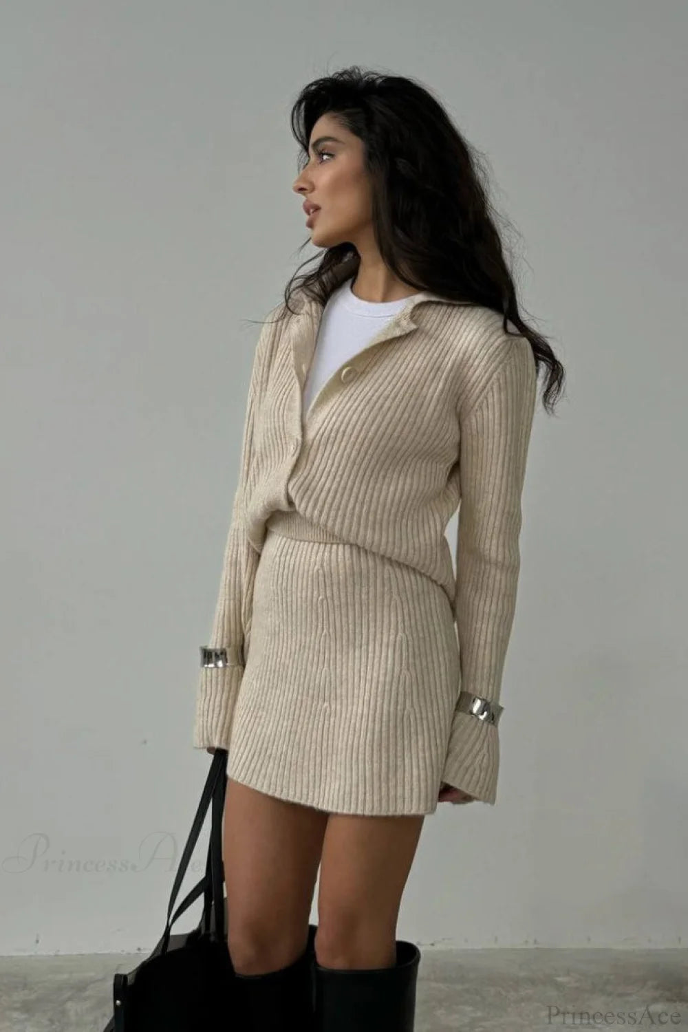 Solid Knit Minimalist Bodycon Cardigan Two Piece Set