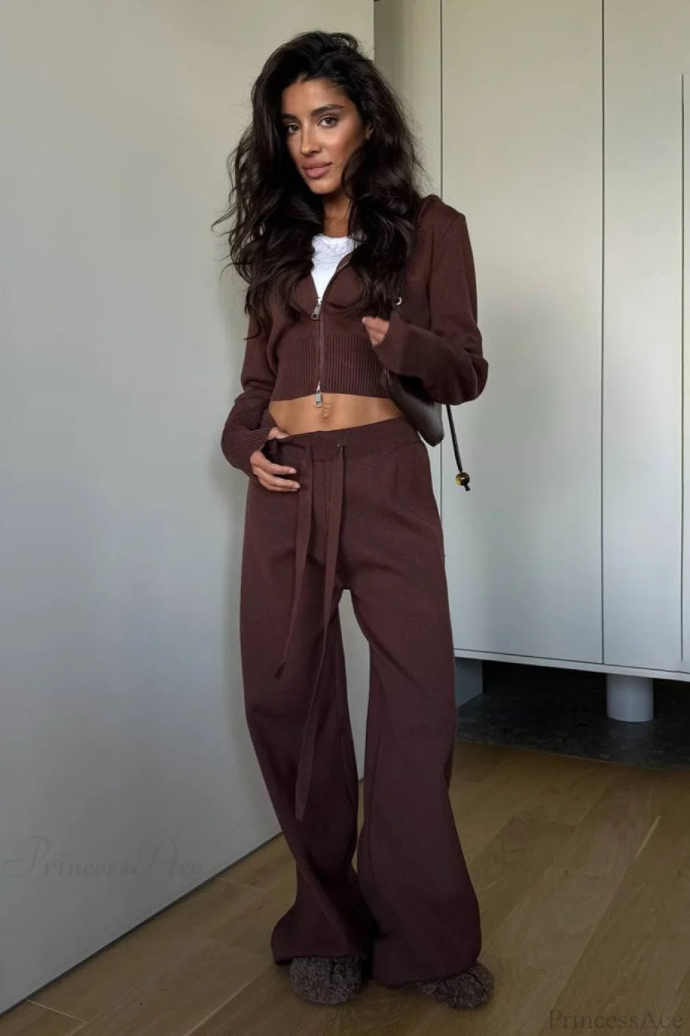 Solid Knit Short Zip Jacket Relaxed Pants Two Piece Set Brown / S