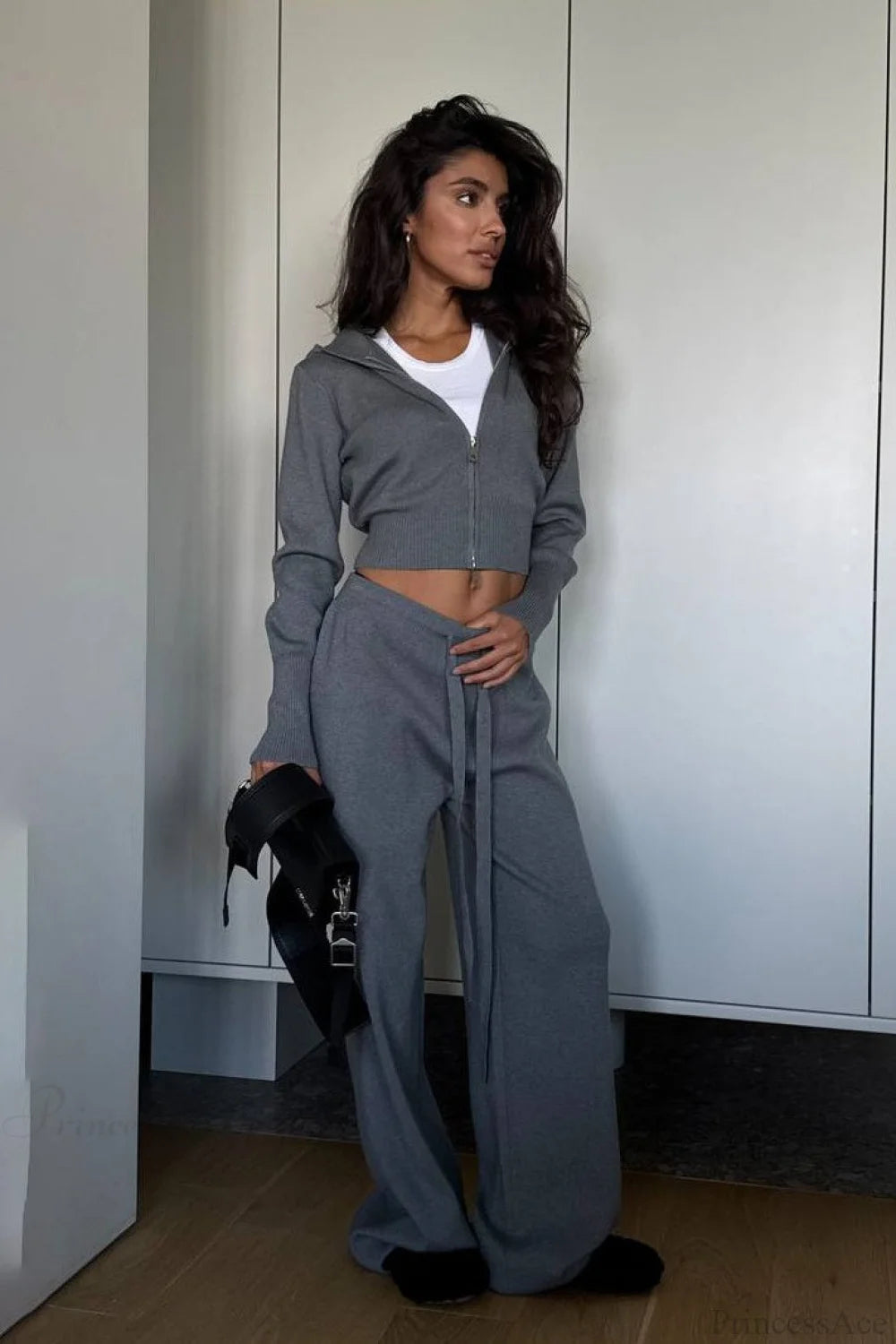 Solid Knit Short Zip Jacket Relaxed Pants Two Piece Set Grey / S