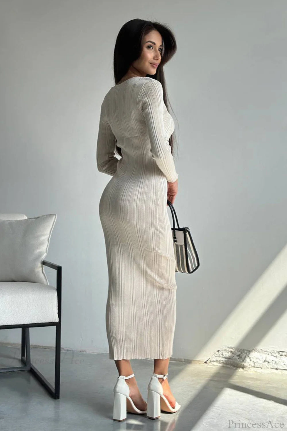 Solid Knit Waisted Long Sleeve Maxi Dress