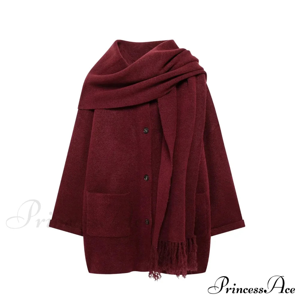 Solid Knitted Single Breasted Coat Burgundy Red / S Coats-241208