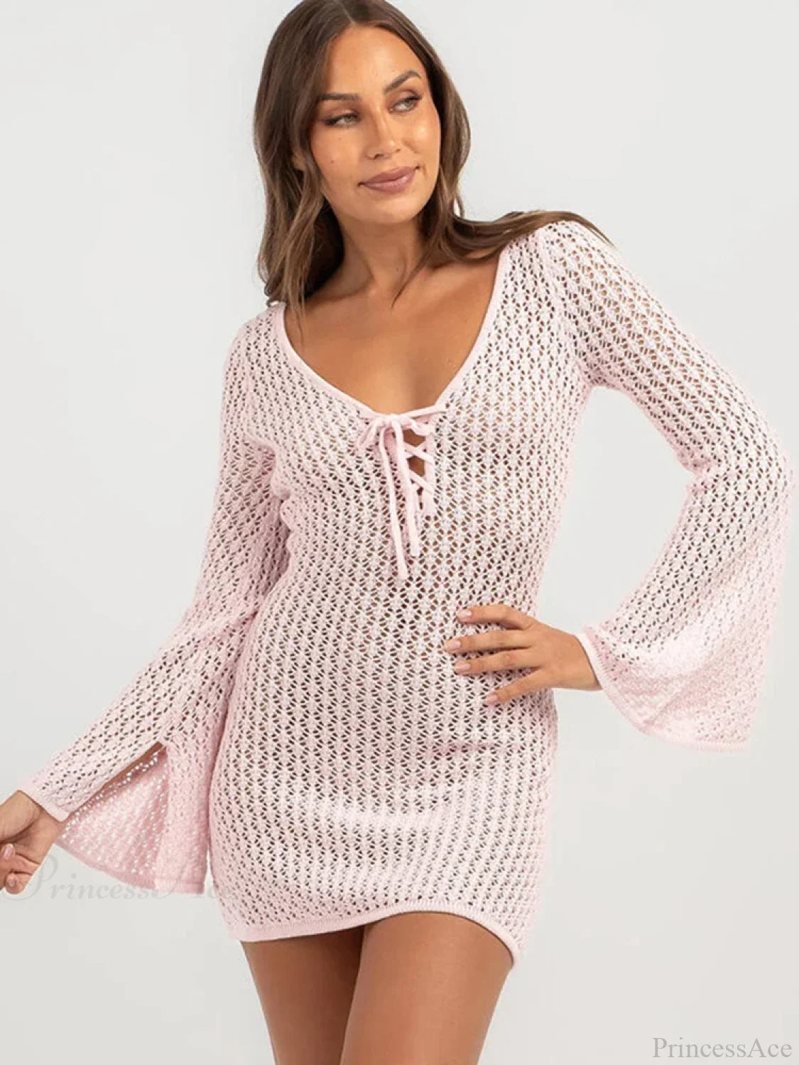 Solid Lace Up Bikini Cover Up Pink / S
