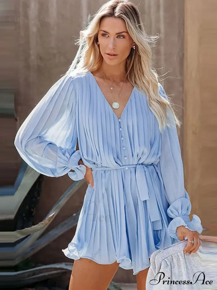 Solid Lace-Up V-Neck Button Ruffle Sexy Long Sleeves Mini Dress Sky Blue / S