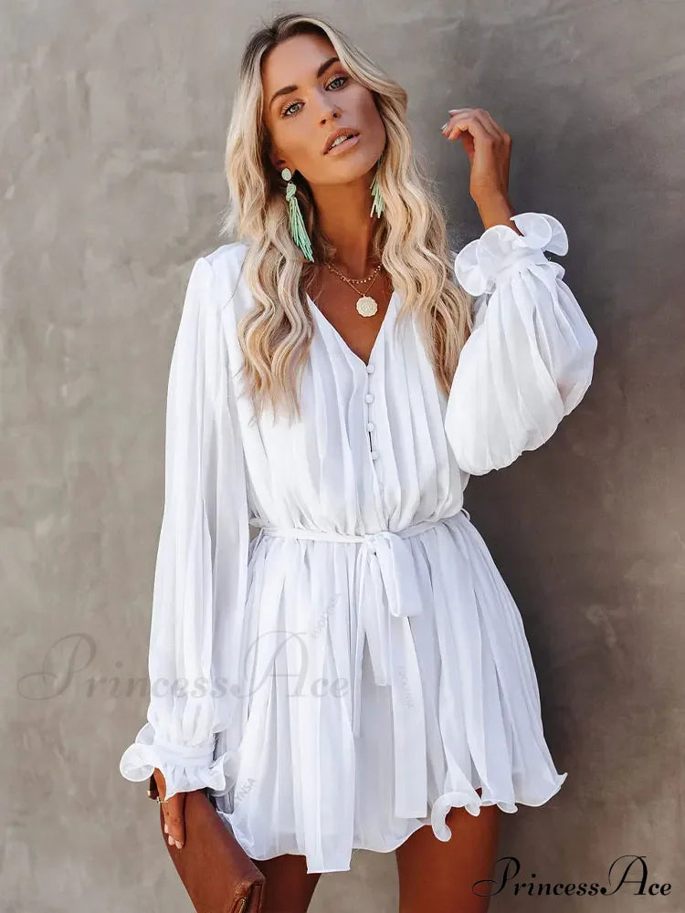 Solid Lace-Up V-Neck Button Ruffle Sexy Long Sleeves Mini Dress White / S