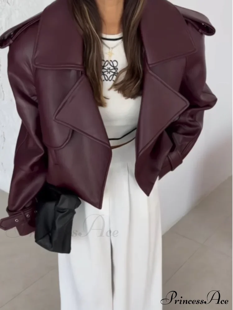 Solid Lapel Leather Cropped Coat Coats-241208