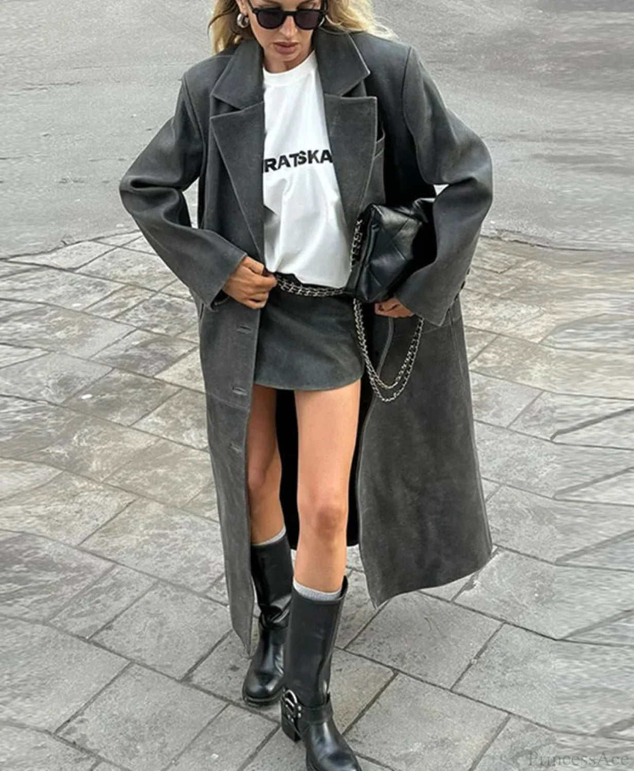 Solid Leather Lapel Single-Breasted Overcoat