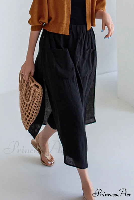 Solid Linen Midi Skirt With Pockets Black / L Sets