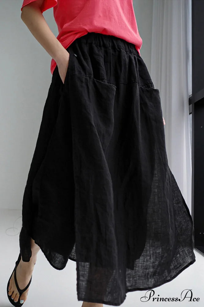 Solid Linen Midi Skirt With Pockets Black / M Sets